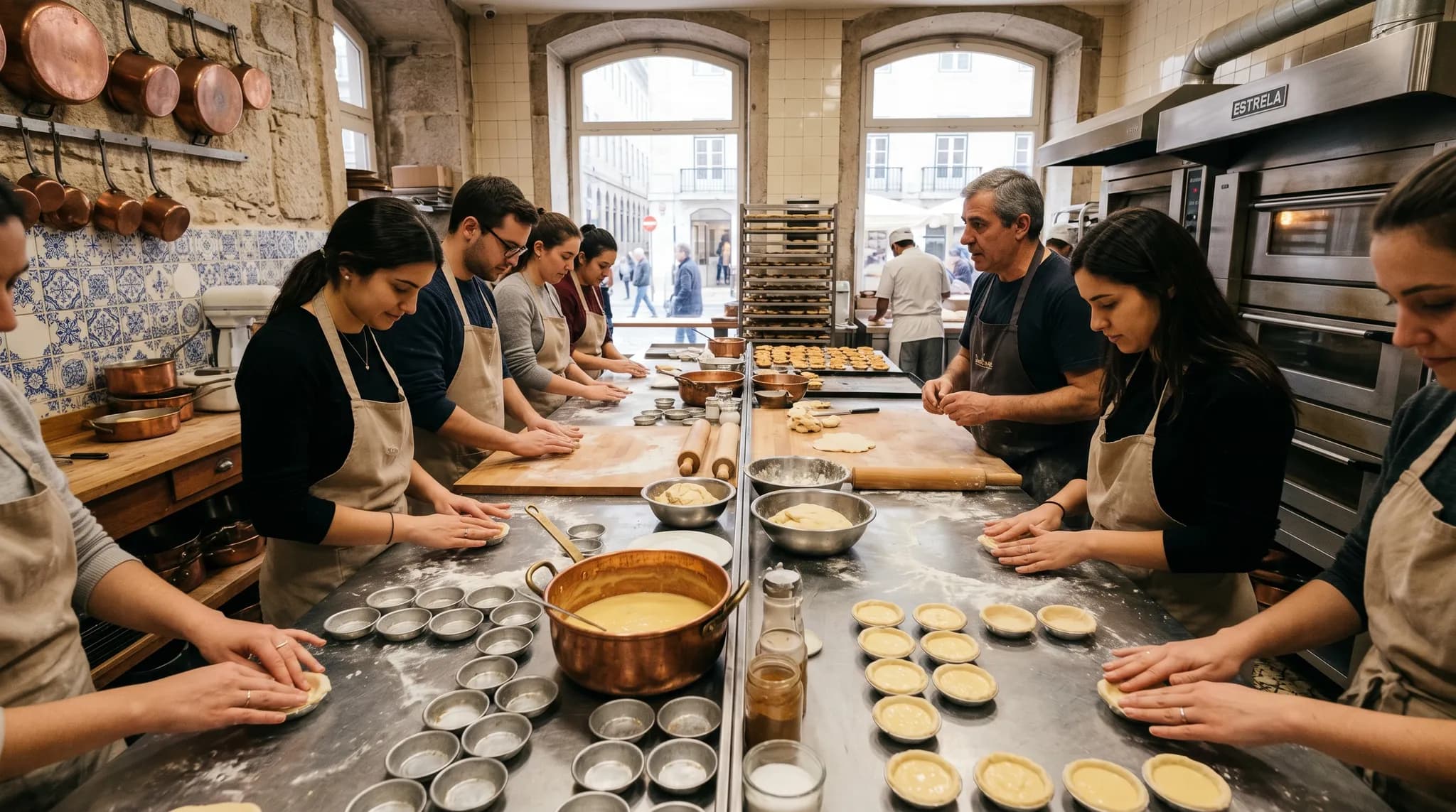Students learning to make pastel de nata in professional bakery kitchen