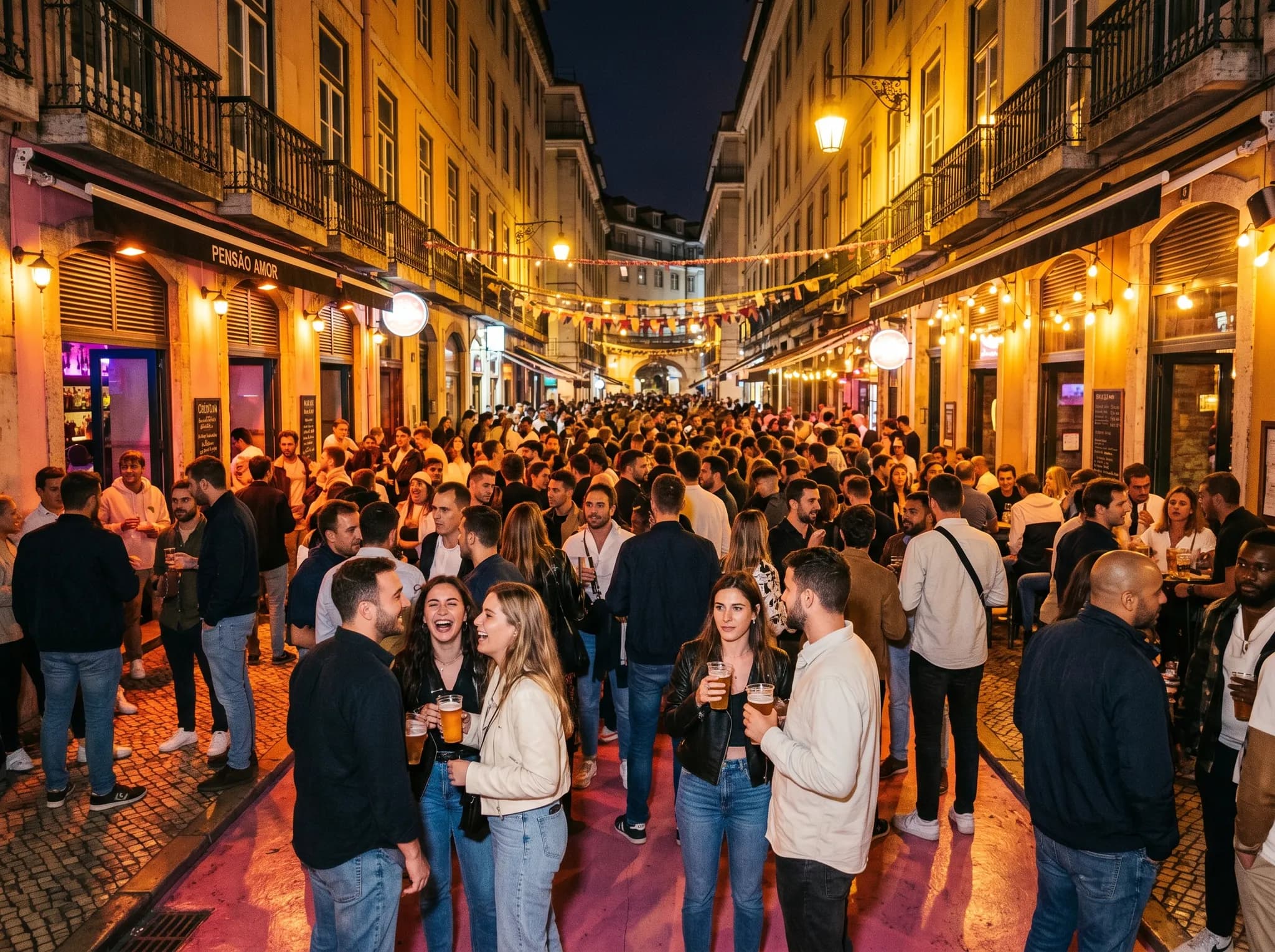 Pink Street at night with crowds and illuminated bars