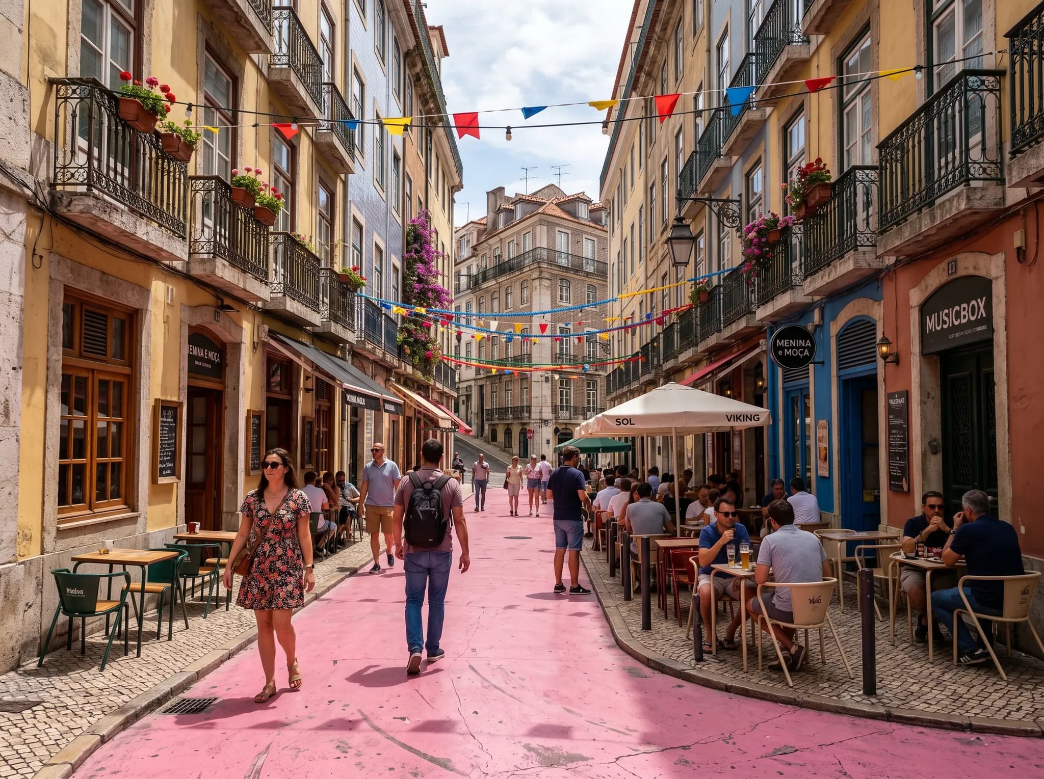 Daytime view of Pink Street with pink pavement and traditional buildings