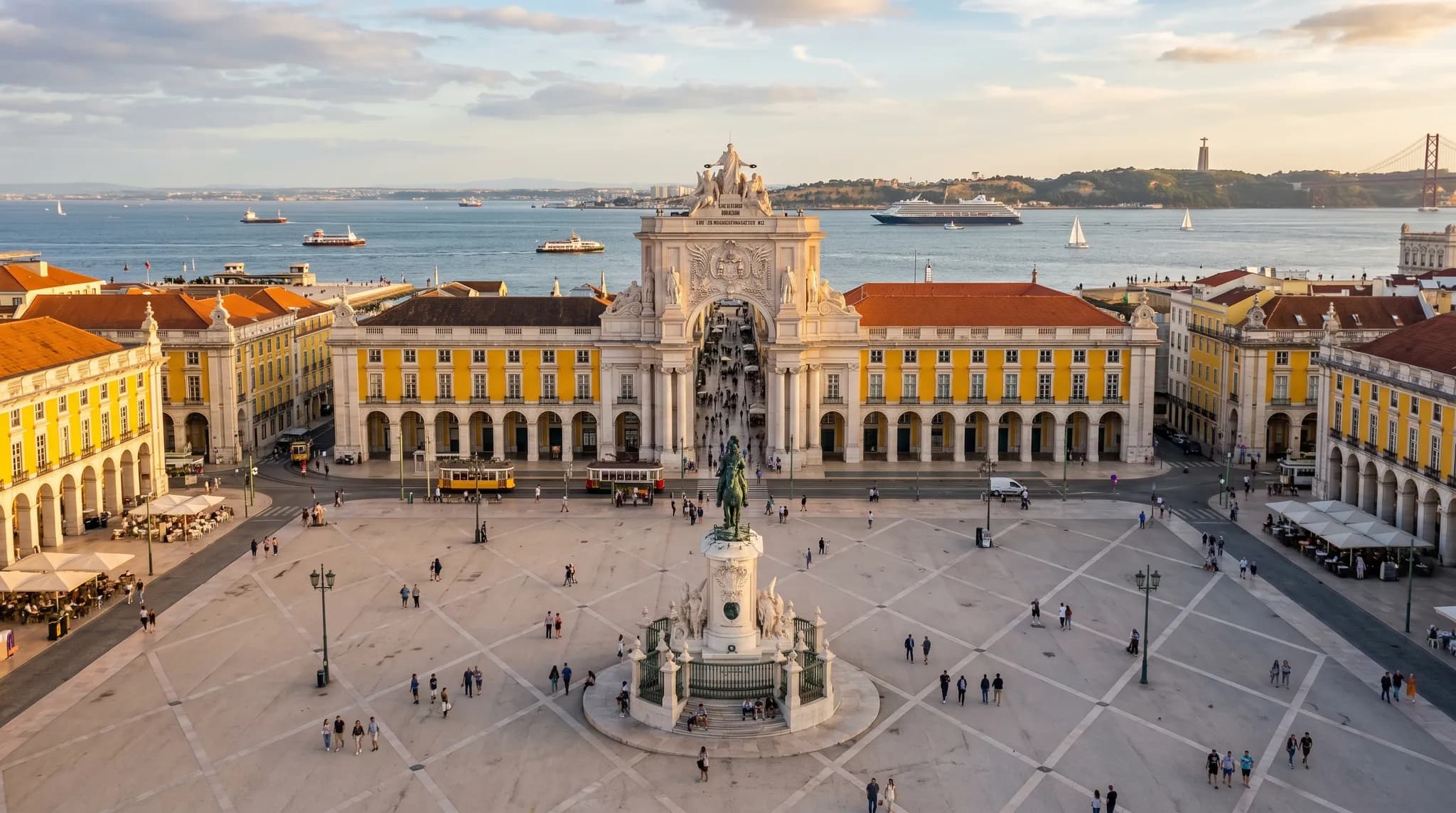 Praça do Comércio with yellow colonnades and Arco da Rua Augusta