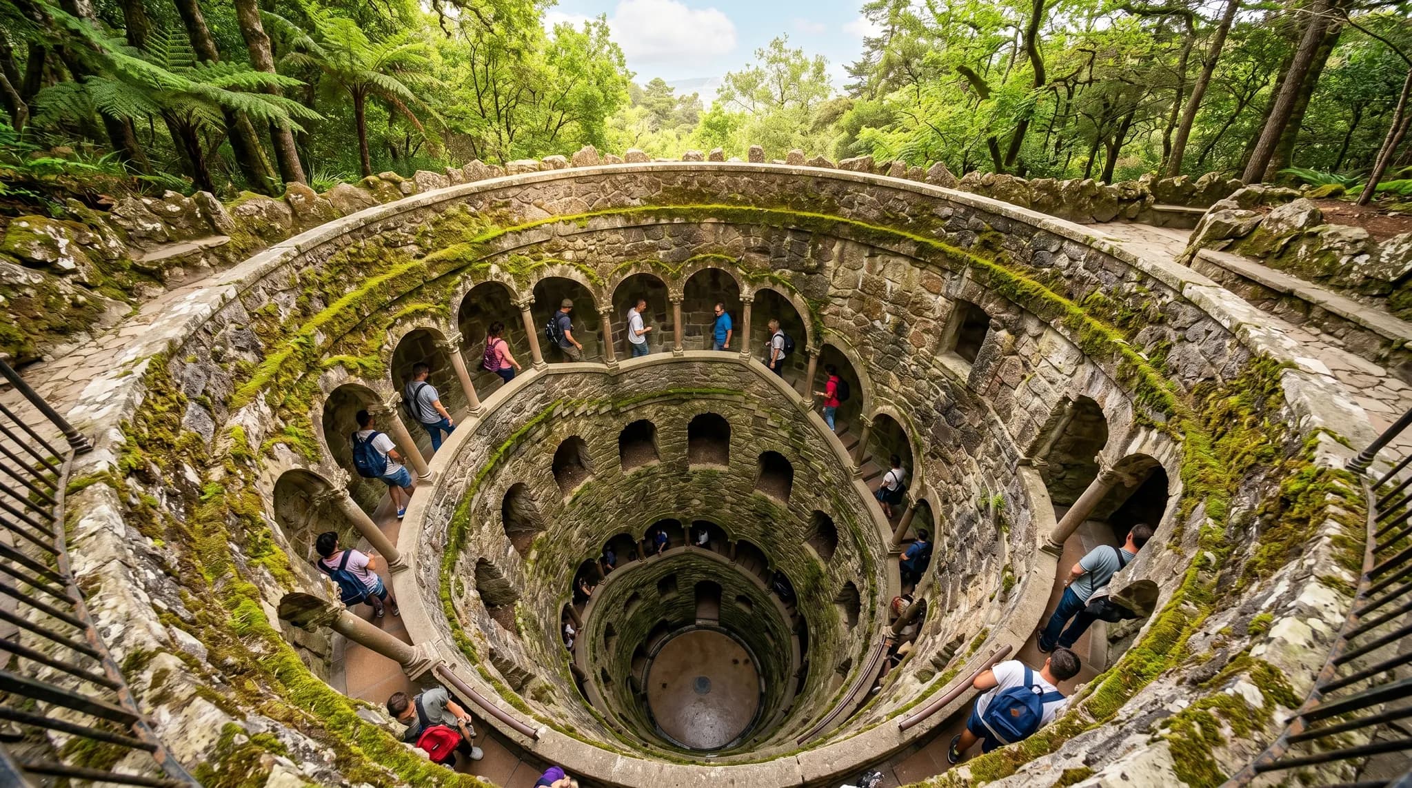 The famous Initiation Well at Quinta da Regaleira with spiral staircase descending into earth