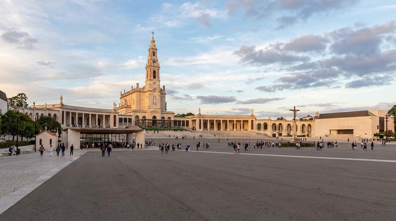 Vast esplanade of Santuário de Fátima with Basilica of Our Lady of the Rosary tower