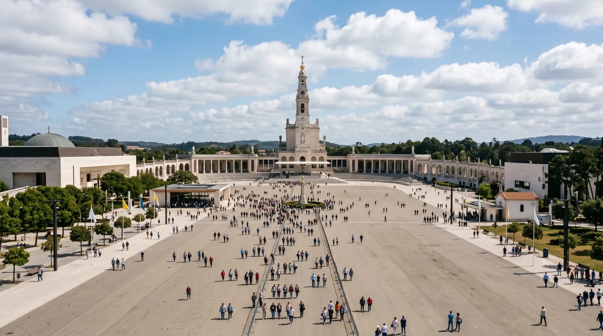 Vast esplanade of Santuário de Fátima with Basilica of Our Lady of the Rosary tower