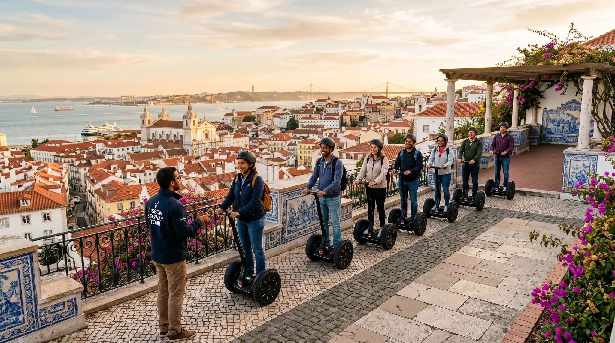 Group of tourists on Segways at Lisbon viewpoint