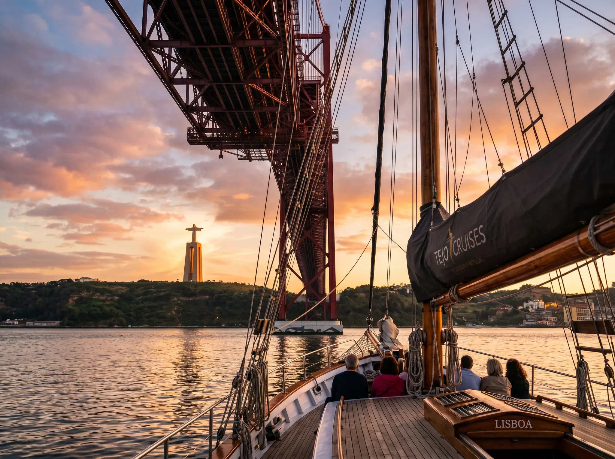 25 de Abril Bridge and Cristo Rei statue at sunset
