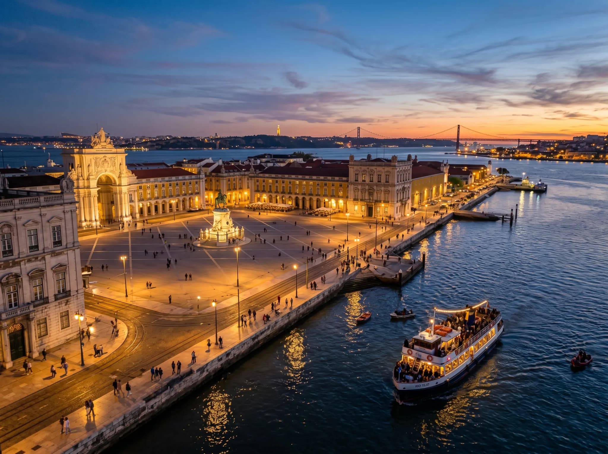 Illuminated Praça do Comércio and Lisbon waterfront at twilight