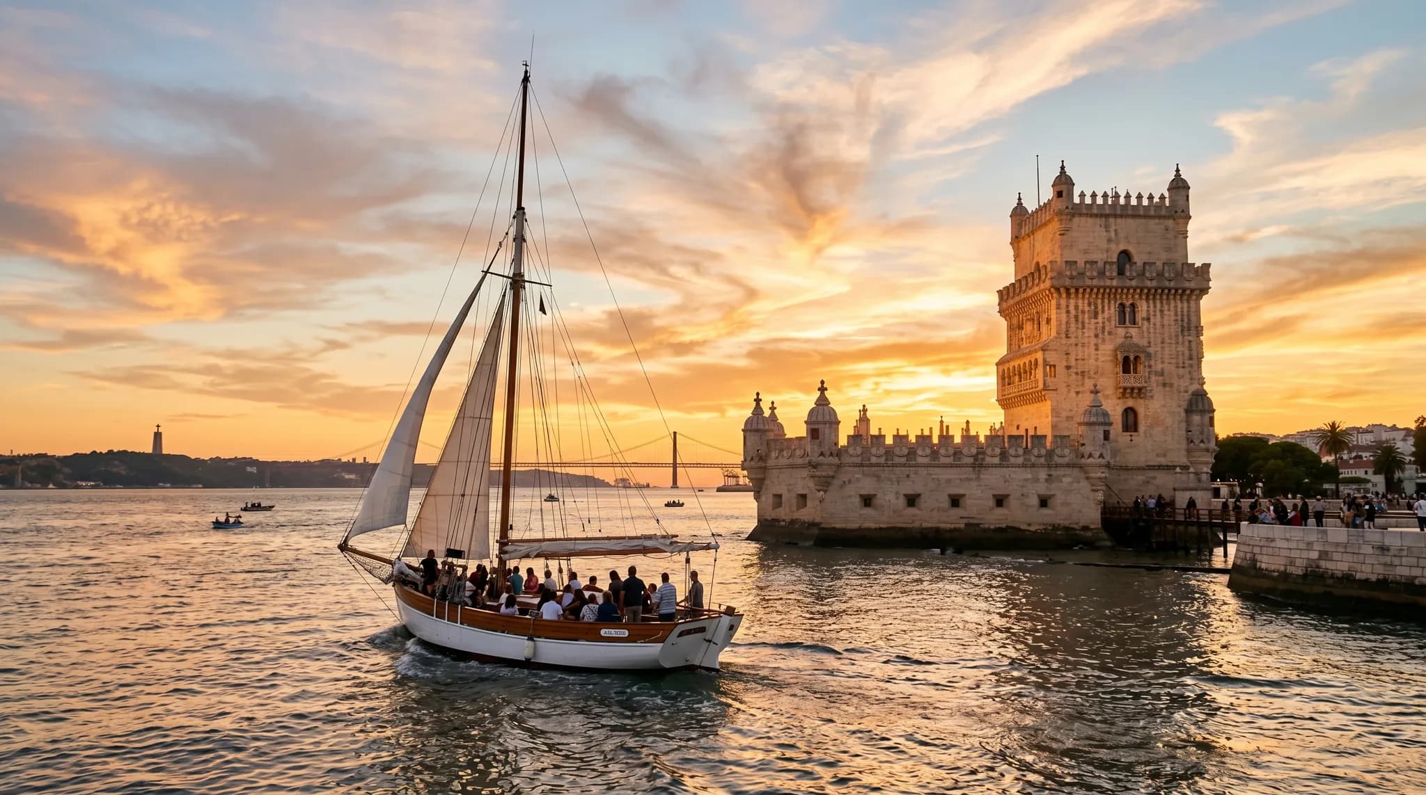 Sunset cruise sailing past Belém Tower on the Tagus River with golden sky