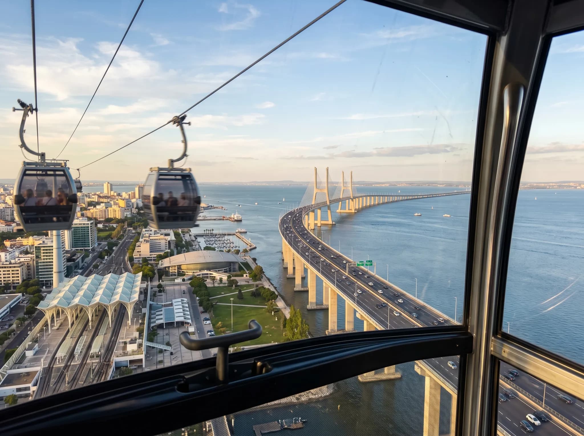 Panoramic view of Vasco da Gama Bridge from cable car