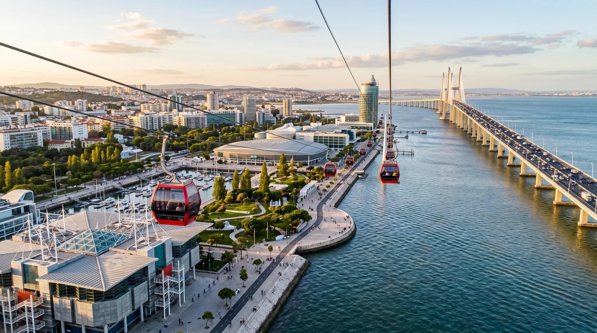 Lisbon Cable Car gondolas above Parque das Nações waterfront