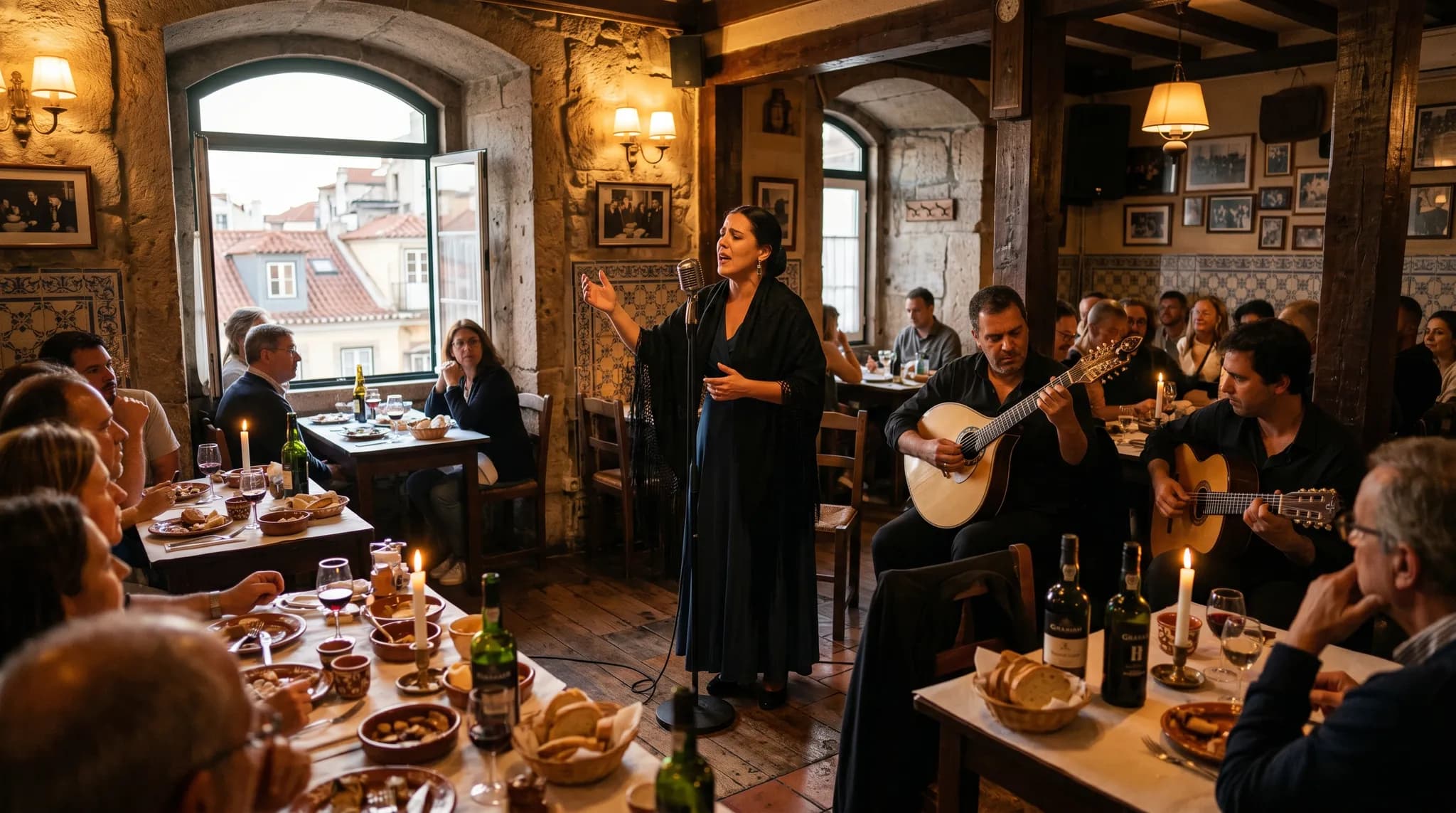 Fadista performing with Portuguese guitar
