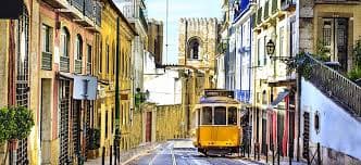 Tram 28 passing Lisbon Cathedral