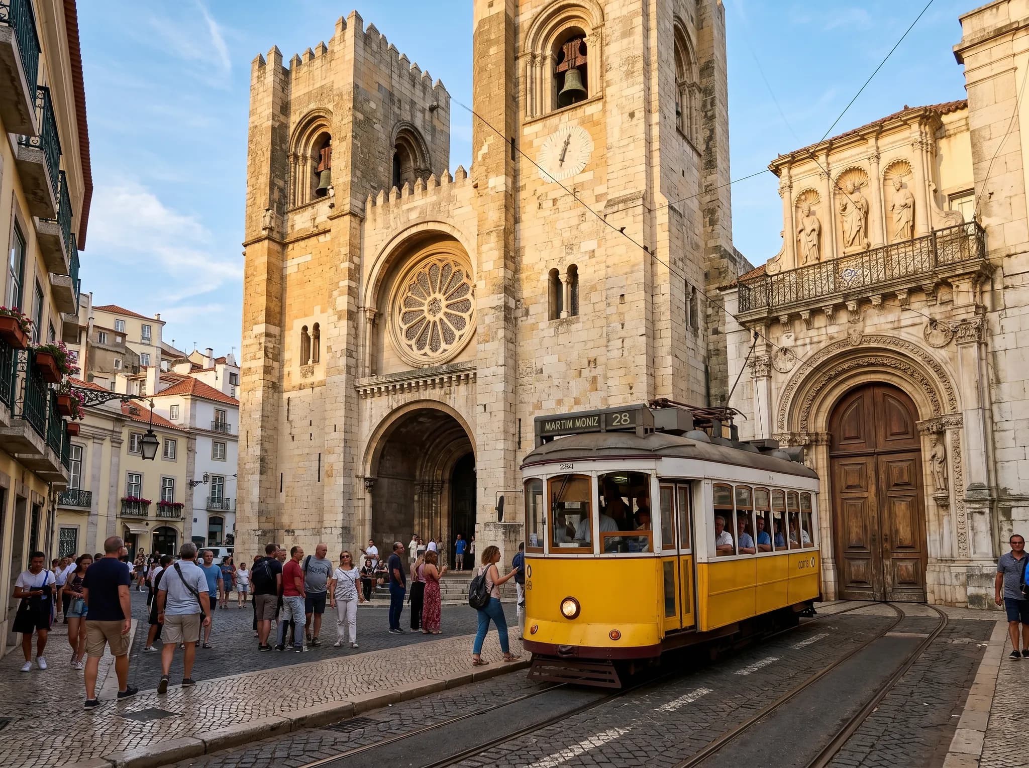 Tram 28 passing Lisbon Cathedral