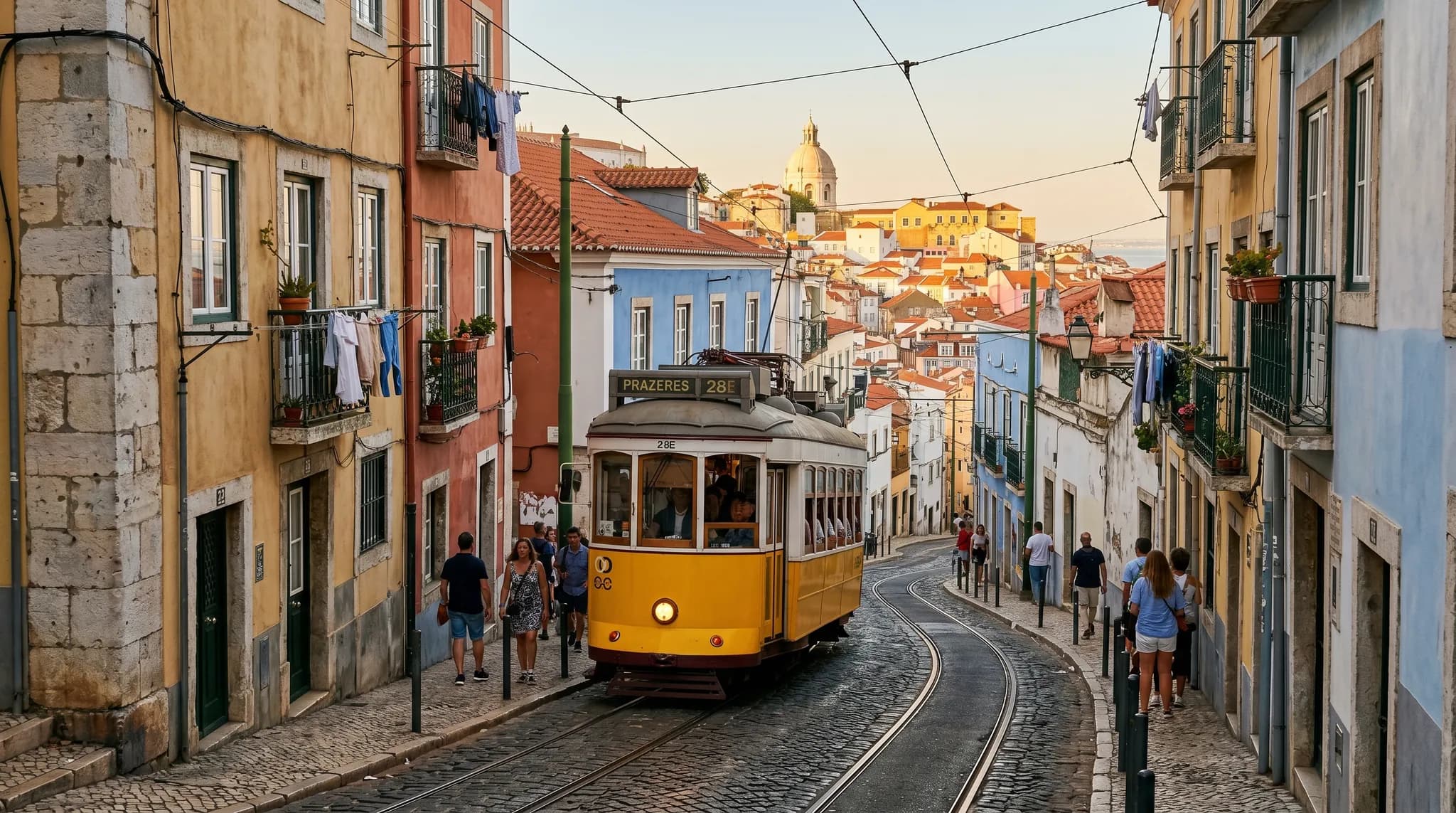Iconic yellow Tram 28 on narrow Alfama street