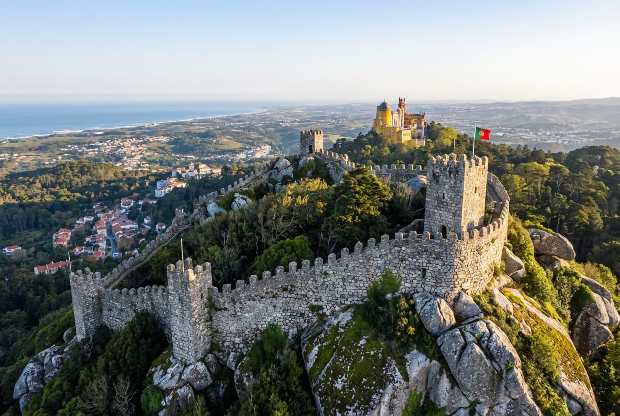 Panoramic view from castle battlements over Sintra landscape