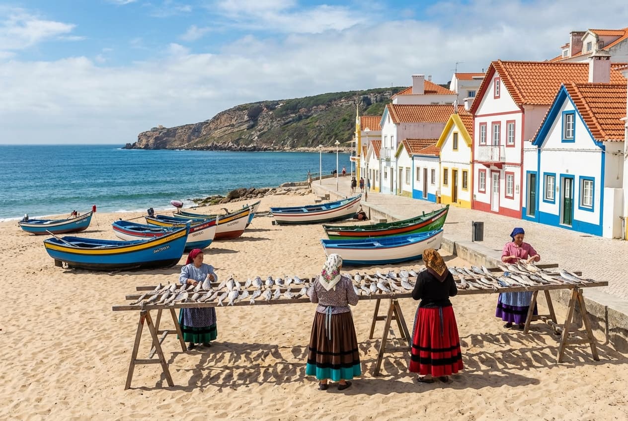 Praia da Nazaré beach with colorful fishing boats and traditional houses
