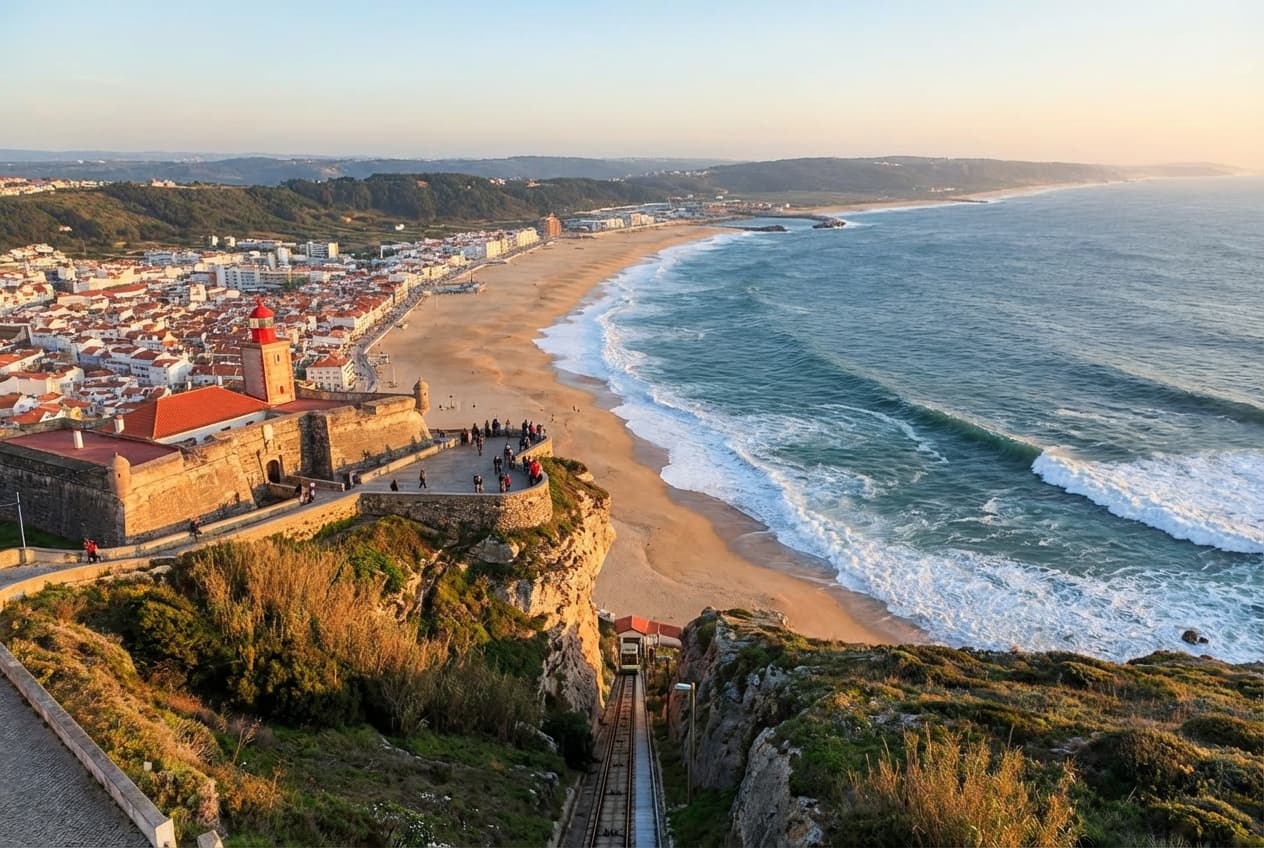 São Miguel Arcanjo Fort and lighthouse overlooking Praia do Norte