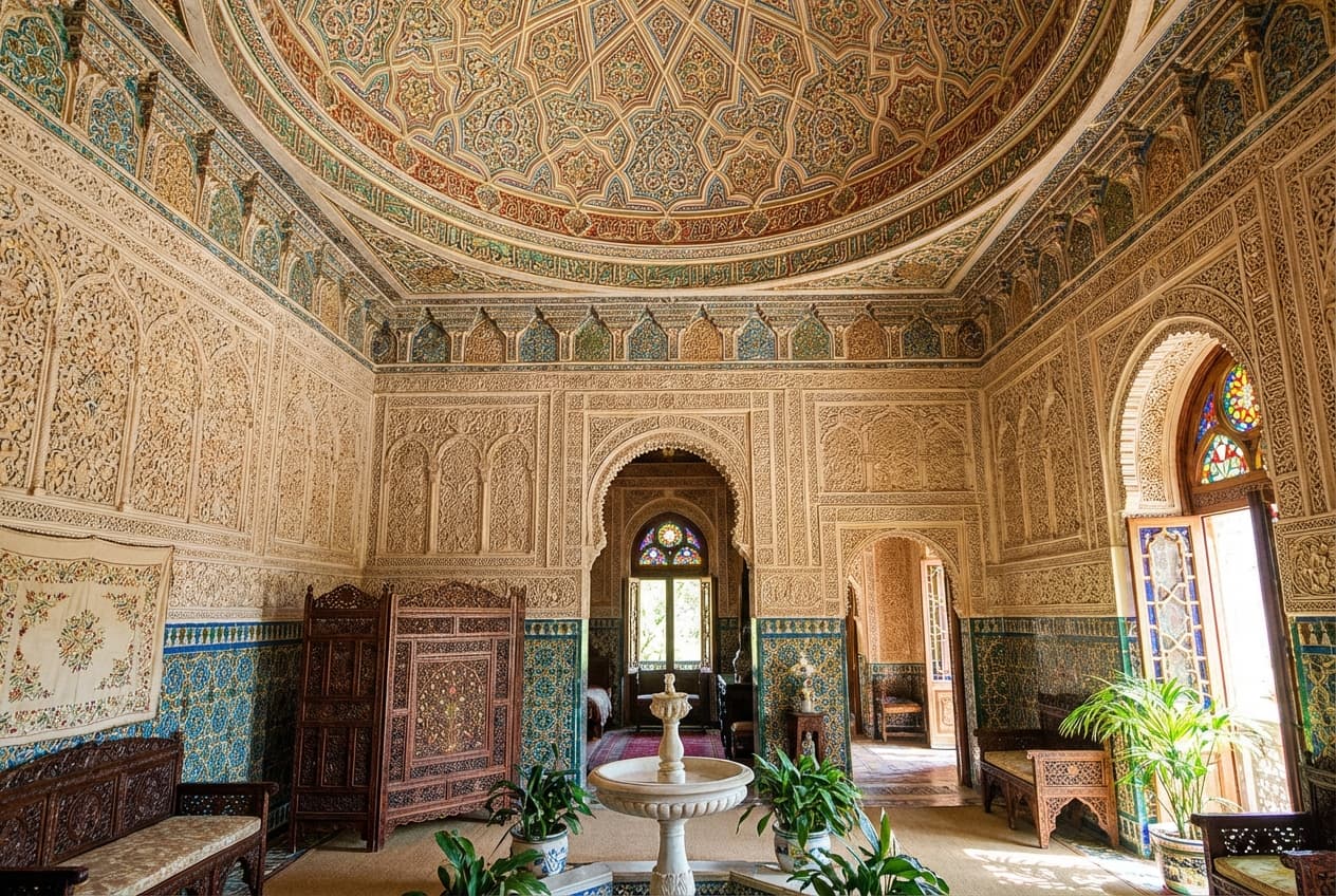 Lush botanical gardens with exotic plants and pathways