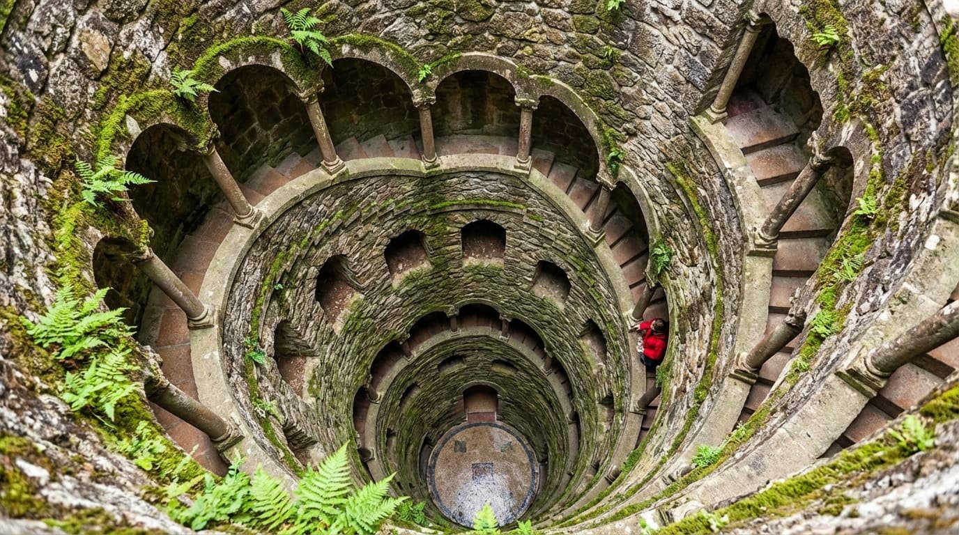 The famous Initiation Well at Quinta da Regaleira with spiral staircase descending into earth